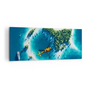 Quadro su tela - Stampe su Tela - Un'isola tropicale circondata da acque turchesi con un elicottero in vista - 120x50cm - Comprati un'isola - Decorazione murale moderna per soggiorno e camera da letto ARTTOR