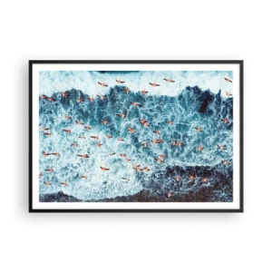 Poster in cornice nera - Una vista a volo d'uccello di fenicotteri rosa su un oceano blu - 100x70cm - Parata sotto il mare - Decorazione murale moderna per soggiorno e camera da letto ARTTOR