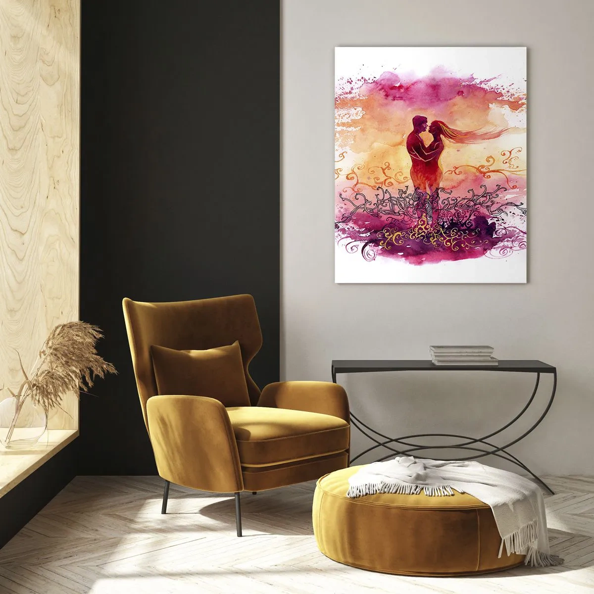 Quadro su vetro - Una coppia abbracciata su uno sfondo astratto rosa e arancione - 80x120cm - Un unico cuore! Mi basta così poco... - Decorazione murale moderna per soggiorno e camera da letto ARTTOR