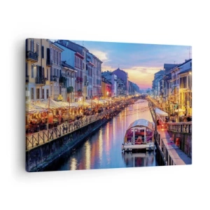 Quadro su tela - Stampe su Tela - Un canale illuminato circondato da edifici colorati - 70x50cm - Sera di luce e di divertimento - Decorazione murale moderna per soggiorno e camera da letto ARTTOR