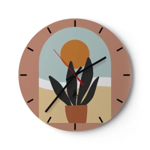 Orologio da parete - Orologio in Vetro - Una pianta in vaso minimalista sullo sfondo del sole - 30x30cm - Piccole gioie - Decorazione murale moderna per soggiorno, cucina e camera da letto ARTTOR