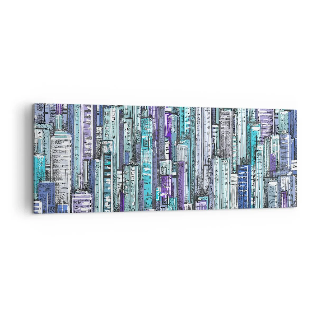 Quadro su tela - Stampe su Tela - Illustrazione di una città con edifici geometrici nelle tonalità del blu e del viola. - 140x50cm - Bluastri dal cielo - Decorazione murale moderna per soggiorno e camera da letto ARTTOR