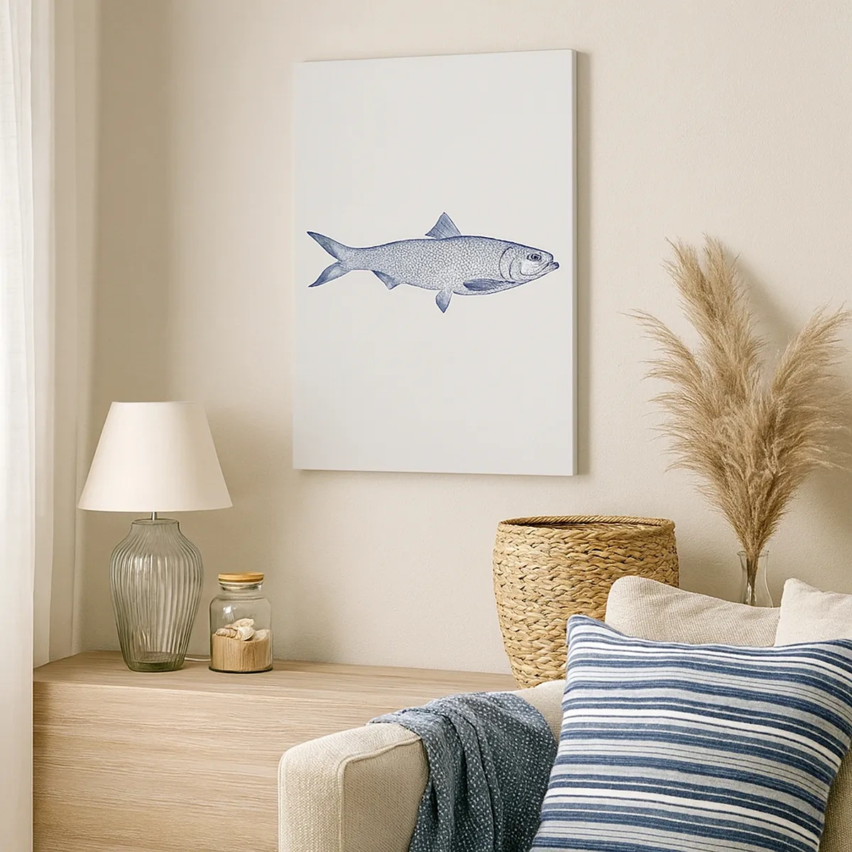 Quadro su tela - Stampe su Tela - Illustrazione di un pesce nei toni del blu su uno sfondo chiaro - 50x70cm - Un saluto dai mari del nord - Decorazione murale moderna per soggiorno e camera da letto ARTTOR