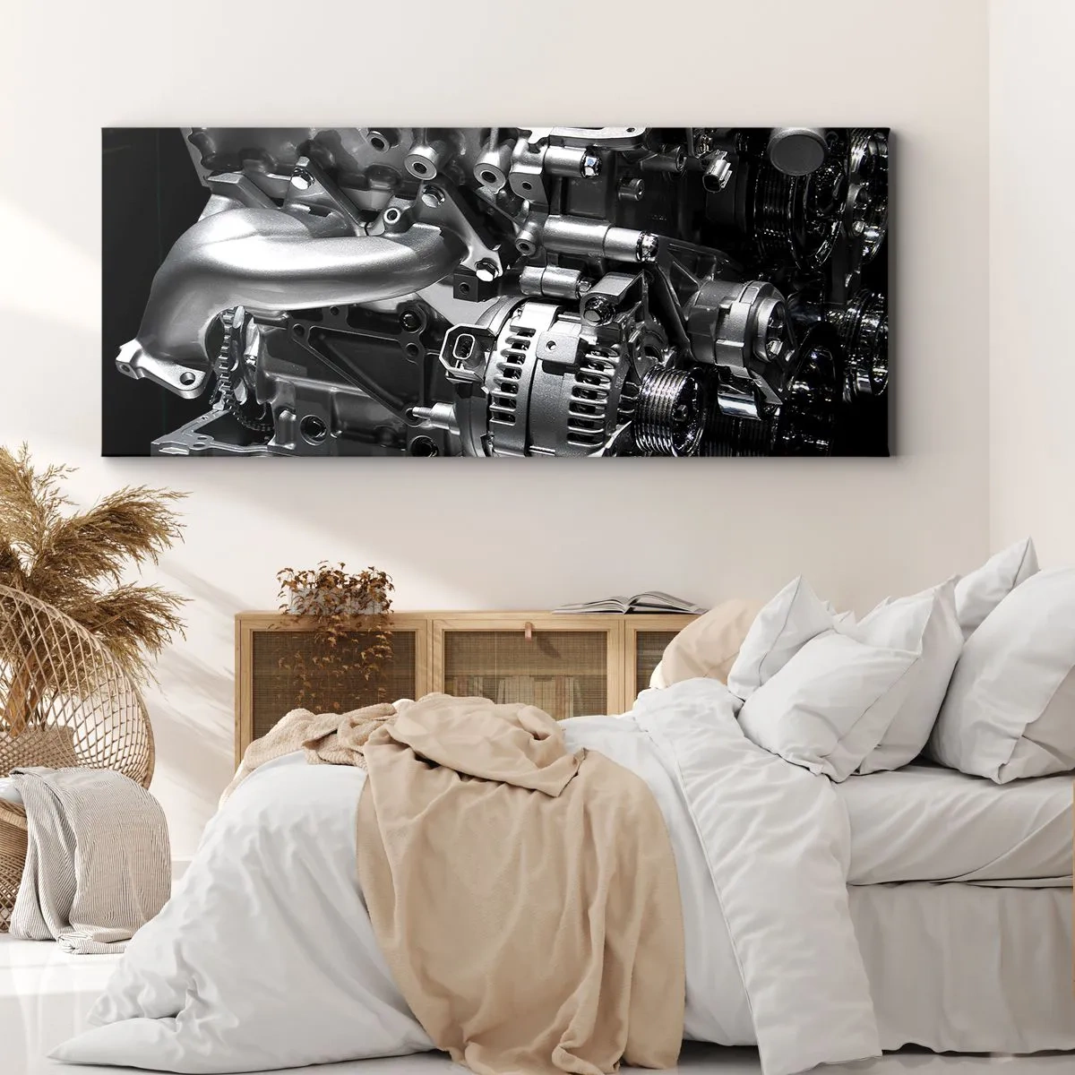 Quadro su tela - Stampe su Tela - Primo piano delle parti metalliche del motore su uno sfondo nero - 160x50cm - D'acciaio, bello, forte - Decorazione murale moderna per soggiorno e camera da letto ARTTOR
