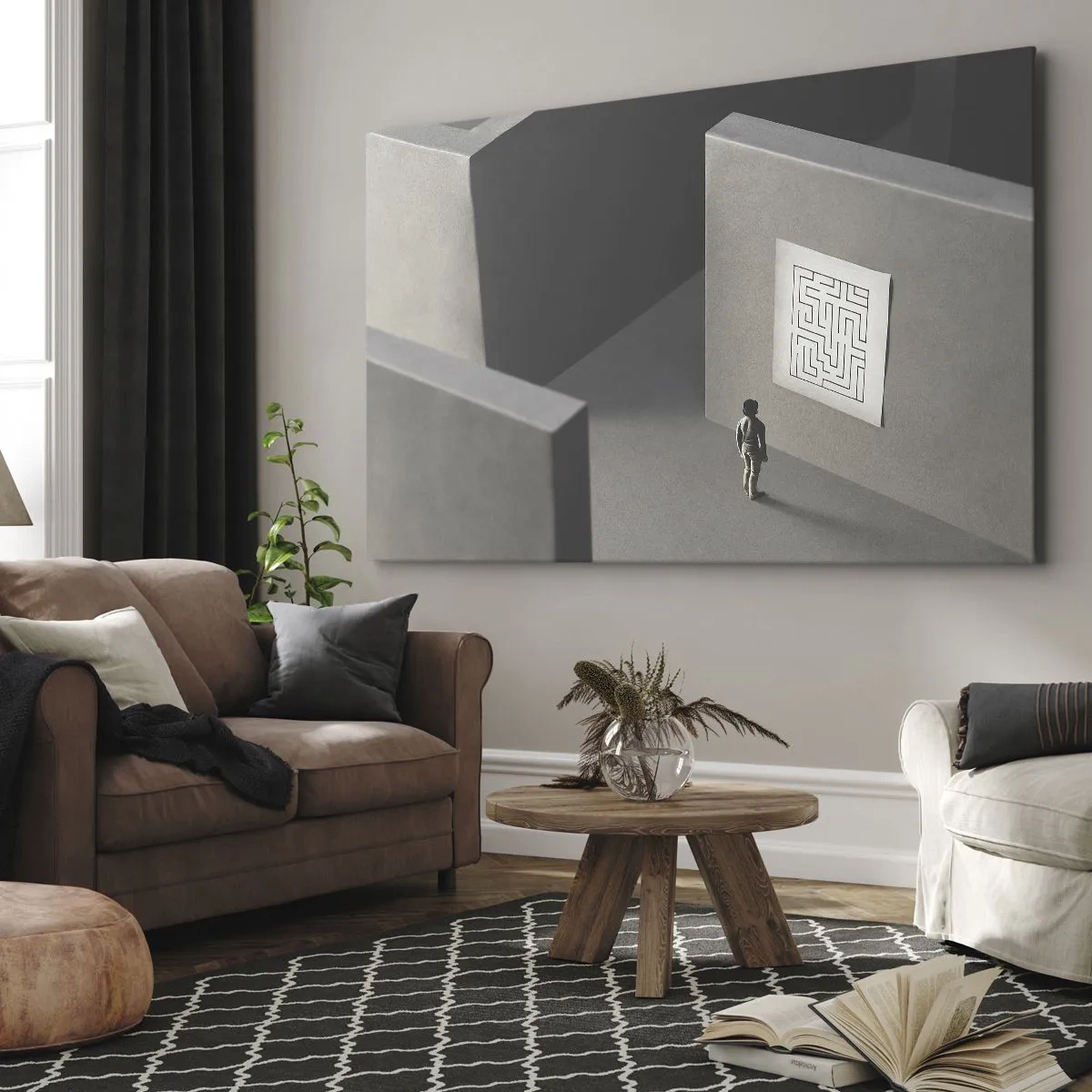Quadro su tela - Stampe su Tela - Una figura in un labirinto che guarda una mappa appesa - 120x80cm - Ma dove mi trovo? - Decorazione murale moderna per soggiorno e camera da letto ARTTOR
