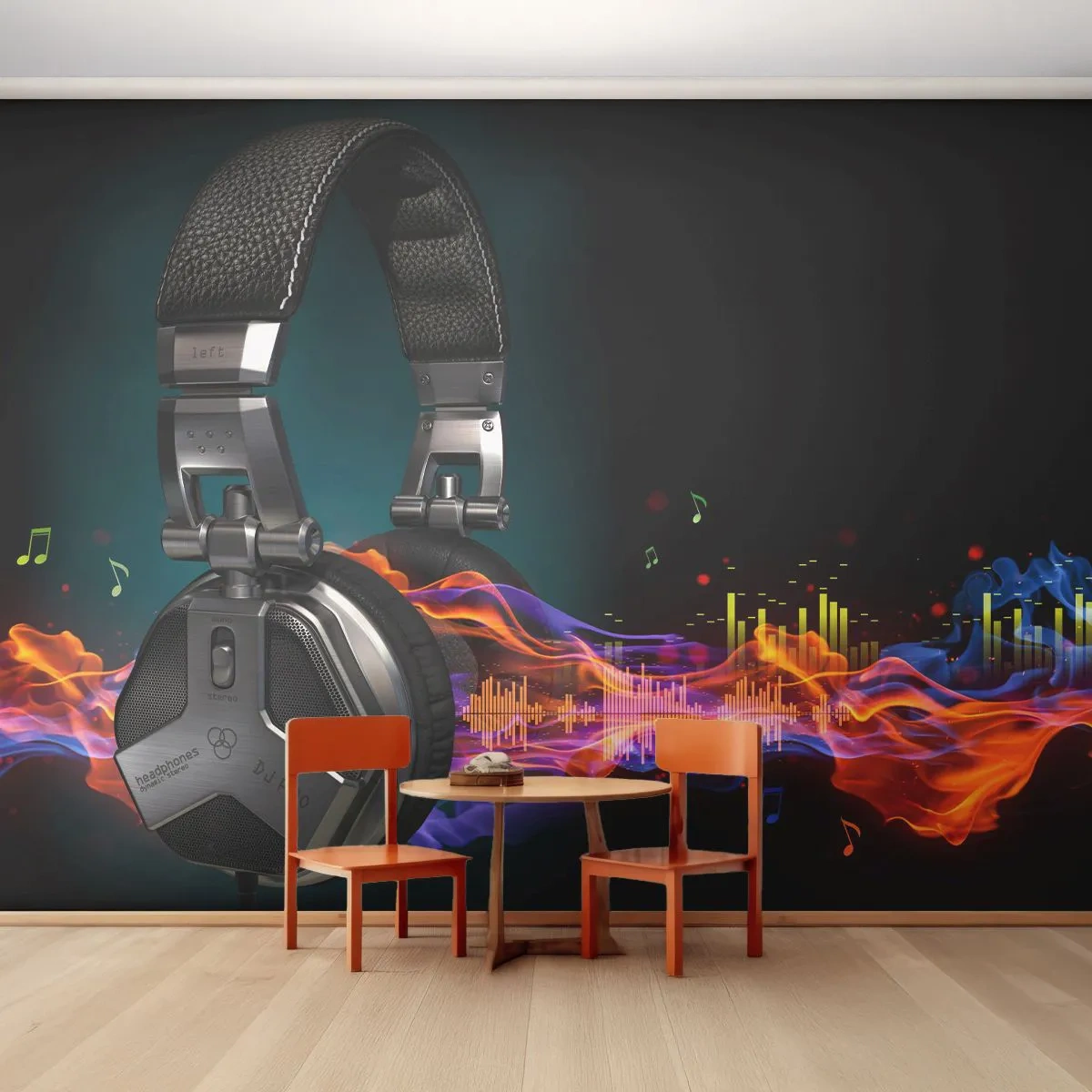 Fotomurali Autoadesivo Deluxe Sticker - Nel fuoco della musica - Astrazione, Musica, Cuffie - 200x140 cm