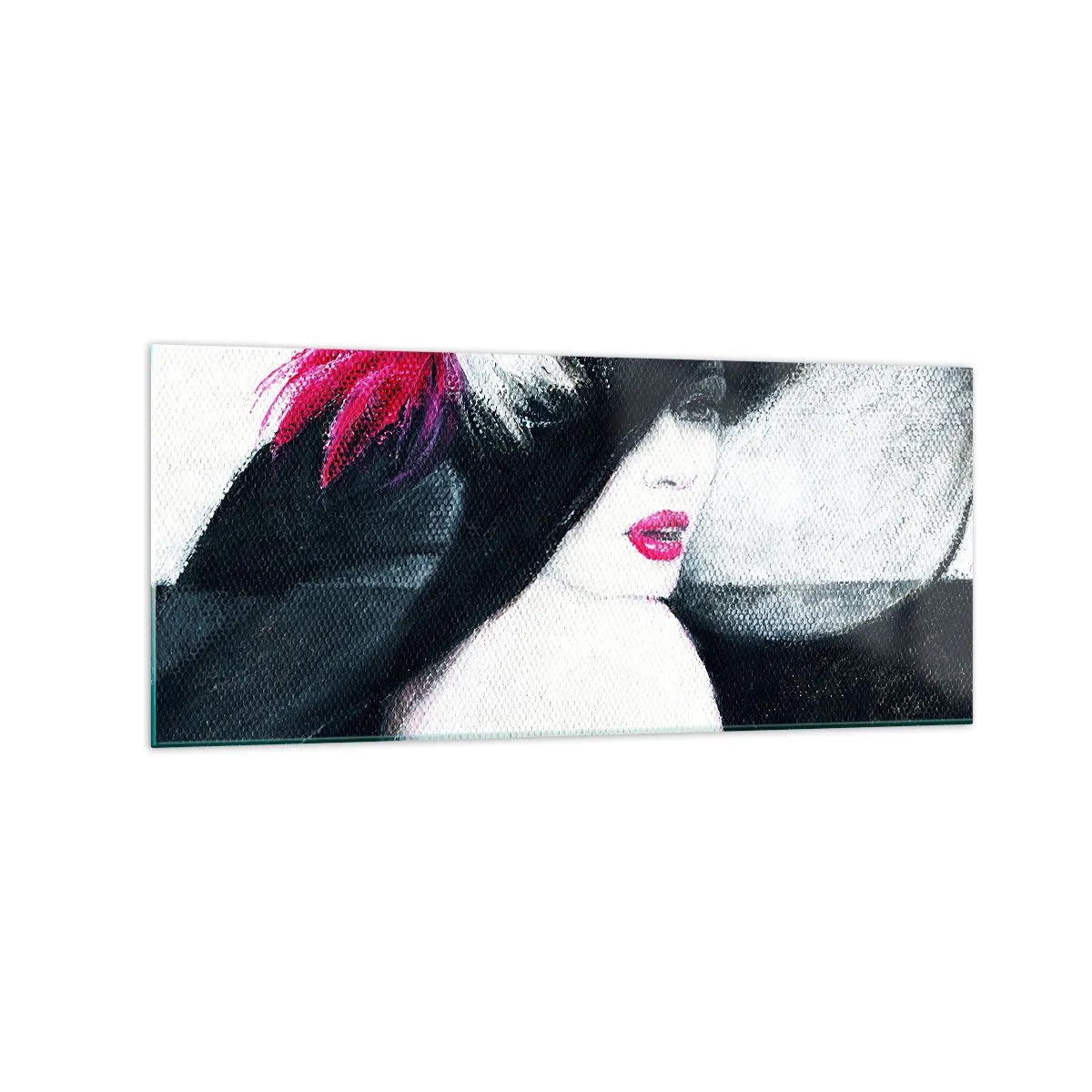 Quadro su vetro - Donna elegante con cappello piumato - 120x50cm - Sempre un mistero - Decorazione murale moderna per soggiorno e camera da letto ARTTOR