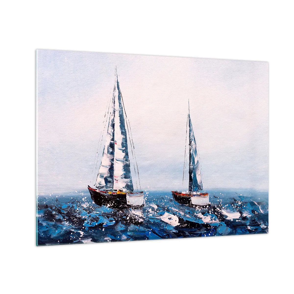 Quadro su vetro - Due yacht su un mare in tempesta in uno stile pittorico impressionista. - 70x50cm - Fratellanza nel vento - Decorazione murale moderna per soggiorno e camera da letto ARTTOR
