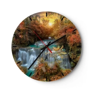 Orologio da parete - Orologio in Vetro - Paesaggio autunnale con cascata alla luce del sole al tramonto - 30x30cm - Il tesoro nascosto nel bosco - Decorazione murale moderna per soggiorno, cucina e camera da letto ARTTOR