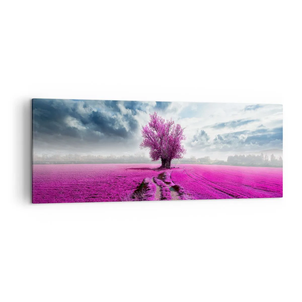 Quadro su tela - Stampe su Tela - Un albero solitario in un campo in una tonalità di rosa intenso - 140x50cm - Brughiera selvatica - Decorazione murale moderna per soggiorno e camera da letto ARTTOR