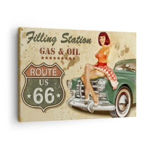 Quadro su tela - Stampe su Tela - Poster retrò della Route 66 con ragazza pin-up e macchina - 70x50cm - I fantastici anni '40 - Decorazione murale moderna per soggiorno e camera da letto ARTTOR