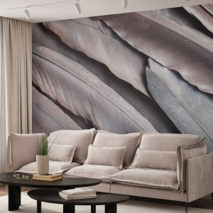 Fotomurali Premium Sand - Delicate piume nei toni del rosa e dell'argento - 100x70cm - Argento rosato - Decorazione murale moderna per soggiorno e camera da letto ARTTOR
