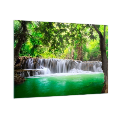 Quadro su vetro - Una cascata in una foresta tropicale con acqua cristallina - 100x70cm - Cascata nel verde - Decorazione murale moderna per soggiorno e camera da letto ARTTOR