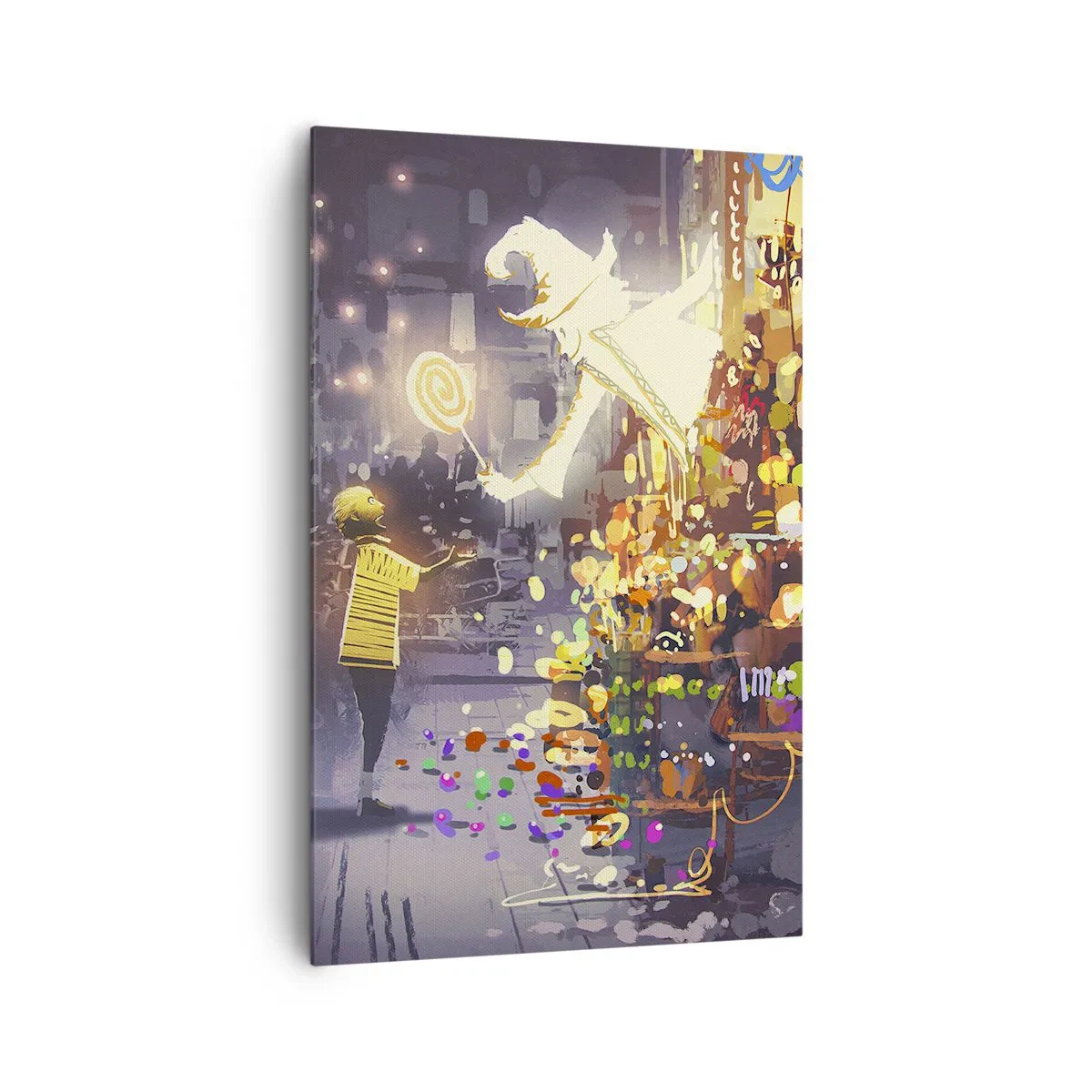 Quadro su tela - Stampe su Tela - Un personaggio delle fiabe e un bambino in una strada piena di luci e magia - 80x120cm - La magia esiste - Decorazione murale moderna per soggiorno e camera da letto ARTTOR