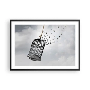 Poster in cornice nera - Uccelli che volano fuori da una gabbia contro il cielo - 70x50cm - Fede... Speranza... Libertà! - Decorazione murale moderna per soggiorno e camera da letto ARTTOR