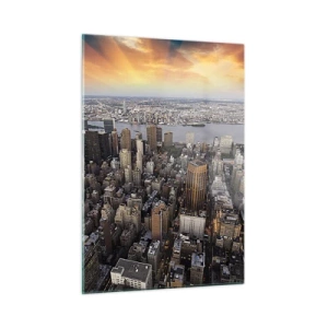 Quadro su vetro - Panorama della città con vista sui grattacieli al tramonto - 50x70cm - Il cuore pulsante dei nostri tempi - Decorazione murale moderna per soggiorno e camera da letto ARTTOR