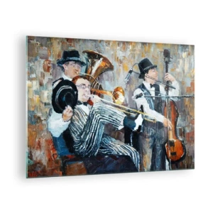 Quadro su vetro - Una jazz band in una scena impressionista e suggestiva - 70x50cm - Tutto il jazz - Decorazione murale moderna per soggiorno e camera da letto ARTTOR