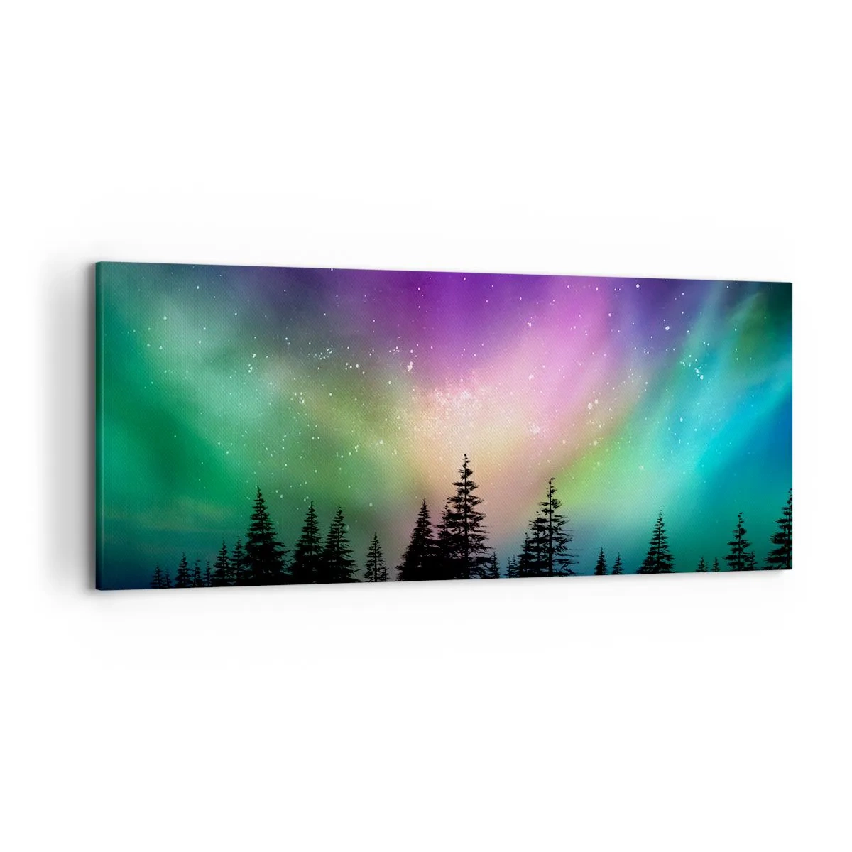 Quadro su tela - Stampe su Tela - Aurora boreale su una foresta con cielo stellato - 120x50cm - Magia bianca - Decorazione murale moderna per soggiorno e camera da letto ARTTOR