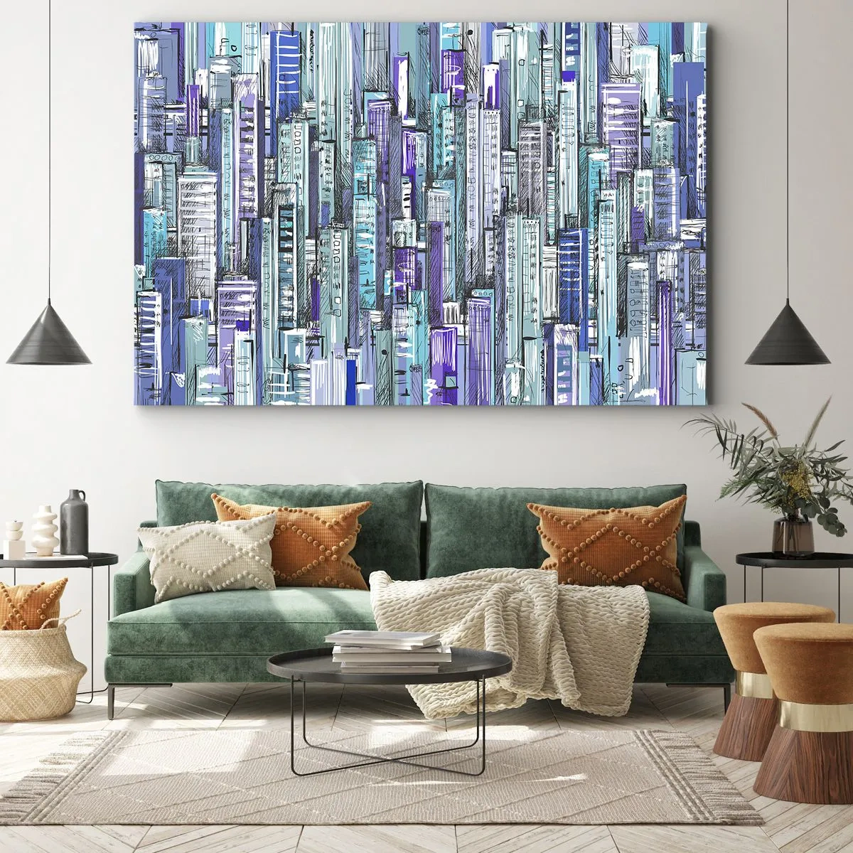 Quadro su tela - Stampe su Tela - Illustrazione di una città con edifici geometrici nelle tonalità del blu e del viola. - 120x80cm - Bluastri dal cielo - Decorazione murale moderna per soggiorno e camera da letto ARTTOR