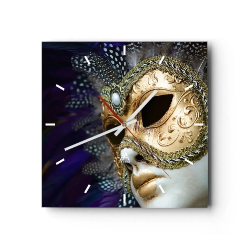 Orologio da parete - Orologio in Vetro - Maschera veneziana dorata con piume decorative e ornamenti - 30x30cm - Ritratto di Venezia in oro - Decorazione murale moderna per soggiorno e camera da letto ARTTOR