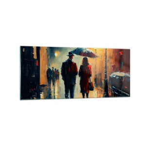 Quadro su vetro - Camminare sotto la pioggia sotto un ombrello in città di notte - 120x50cm - Love story cittadina - Decorazione murale moderna per soggiorno e camera da letto ARTTOR