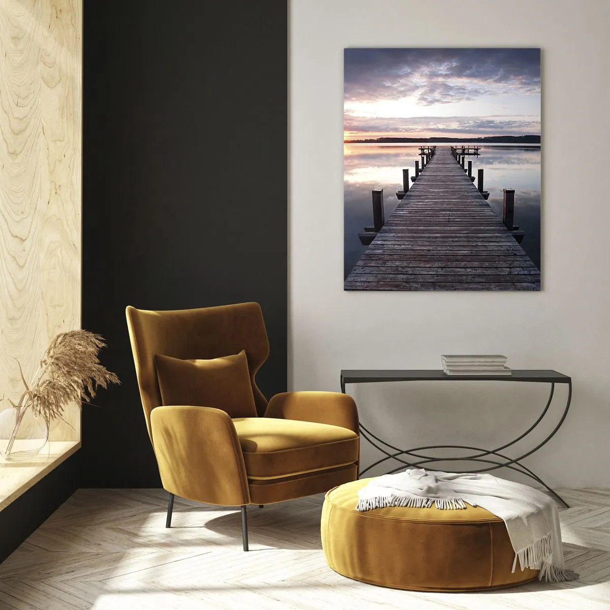 Quadro su vetro - Un molo su un lago al tramonto in un paesaggio tranquillo - 80x120cm - Il silenzioso confine del giorno e della notte - Decorazione murale moderna per soggiorno e camera da letto ARTTOR