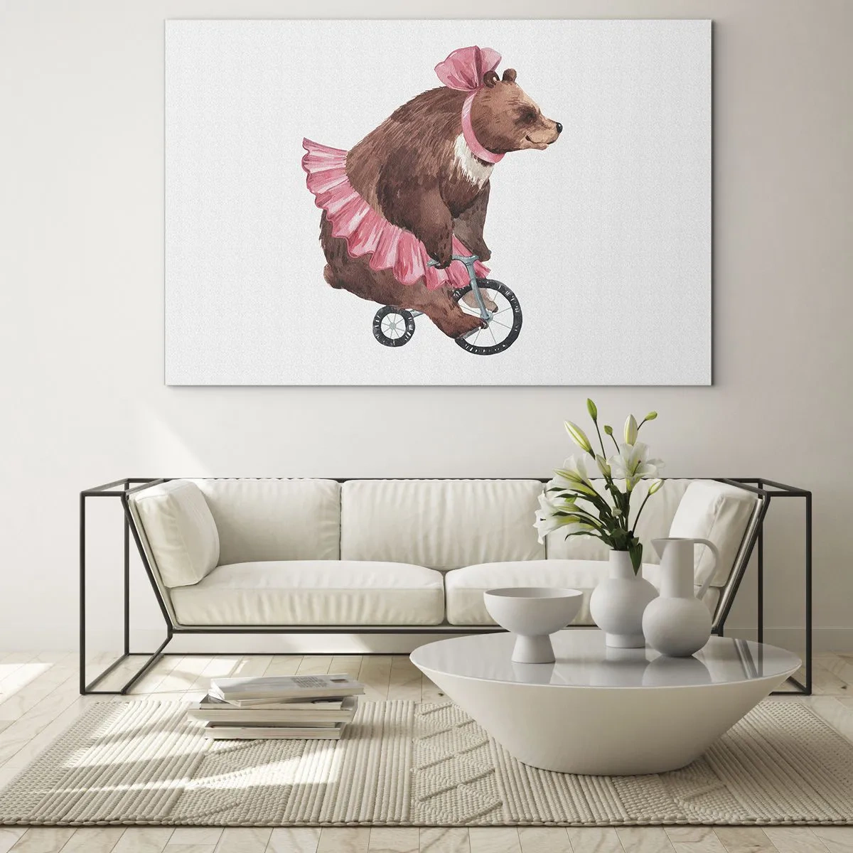 Quadro su vetro - Un orso con una gonna rosa su un monociclo - 100x70cm - Evviva il circo! - Decorazione murale moderna per soggiorno e camera da letto ARTTOR