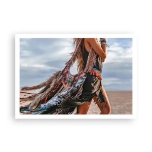 Poster - Una donna in stile boho con dettagli di piume e gioielli - 100x70cm - La donna dello sciamano - Decorazione murale moderna per soggiorno e camera da letto ARTTOR
