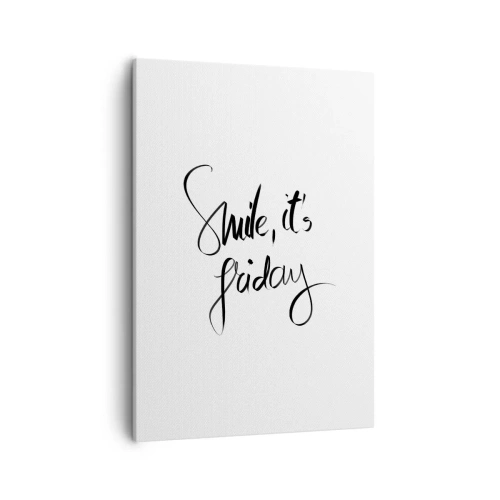 Quadro su tela - Stampe su Tela - Scritta in bianco e nero Sorridi, è venerdì - 50x70cm - Vera gioia - Decorazione murale moderna per soggiorno e camera da letto ARTTOR