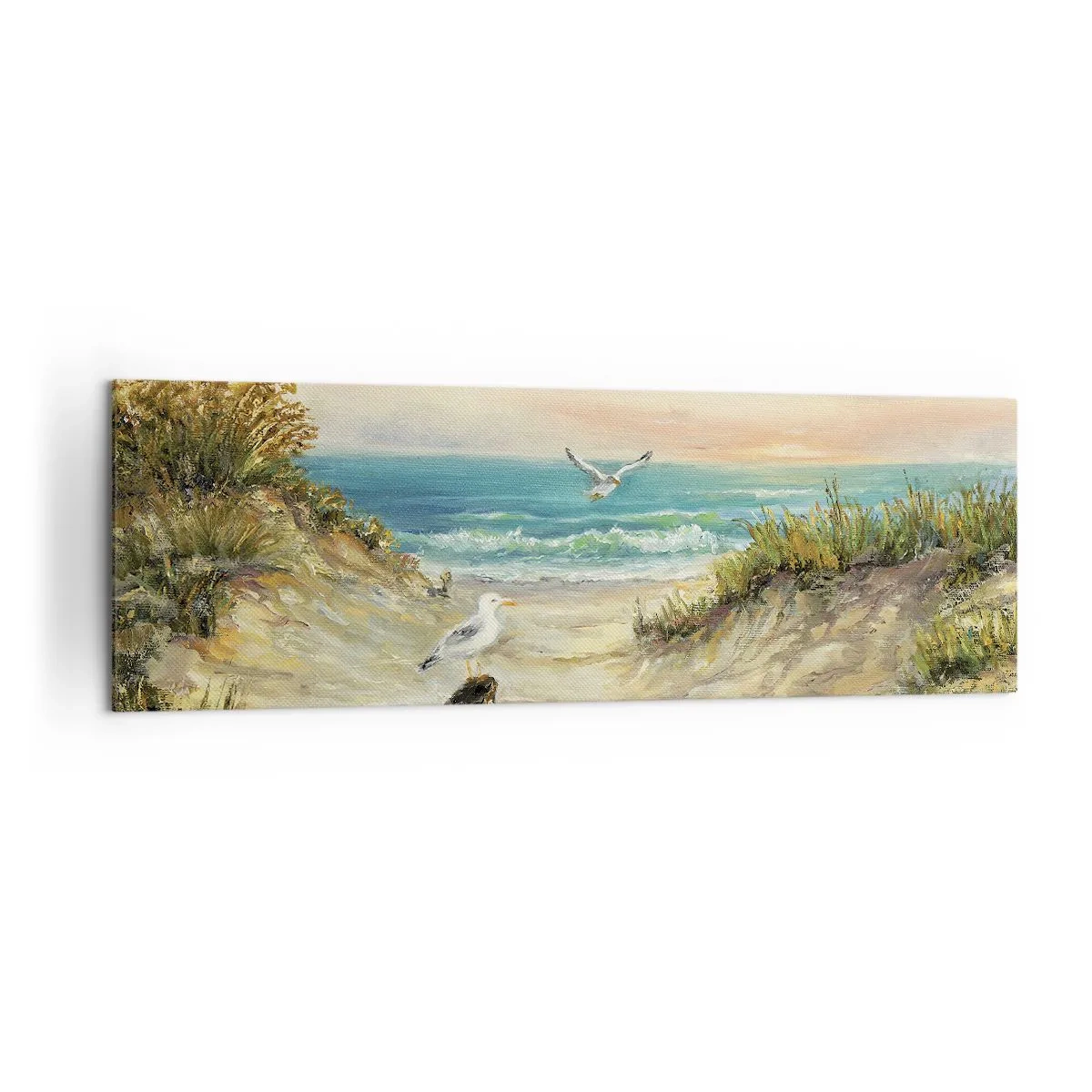 Quadro su tela - Stampe su Tela - Costa con gabbiani e dune al tramonto - 160x50cm - Silenzio senza vento - Decorazione murale moderna per soggiorno e camera da letto ARTTOR