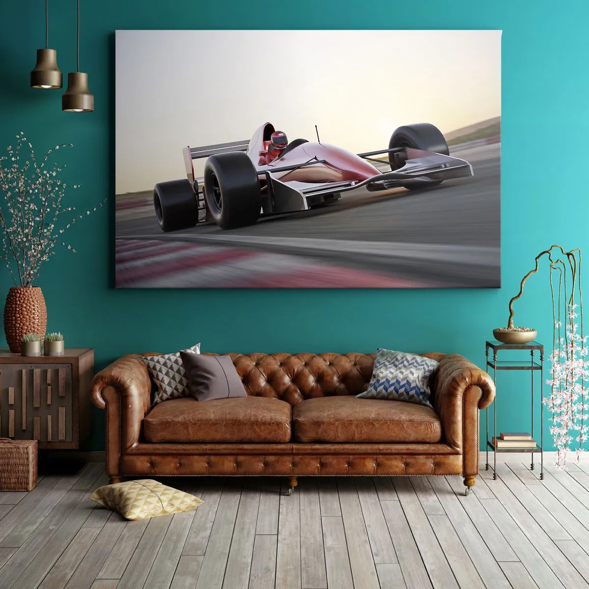 Quadro su tela - Stampe su Tela - Una macchina rossa di Formula 1 su una pista da corsa mentre guida - 70x50cm - Sempre vincente - Decorazione murale moderna per soggiorno e camera da letto ARTTOR