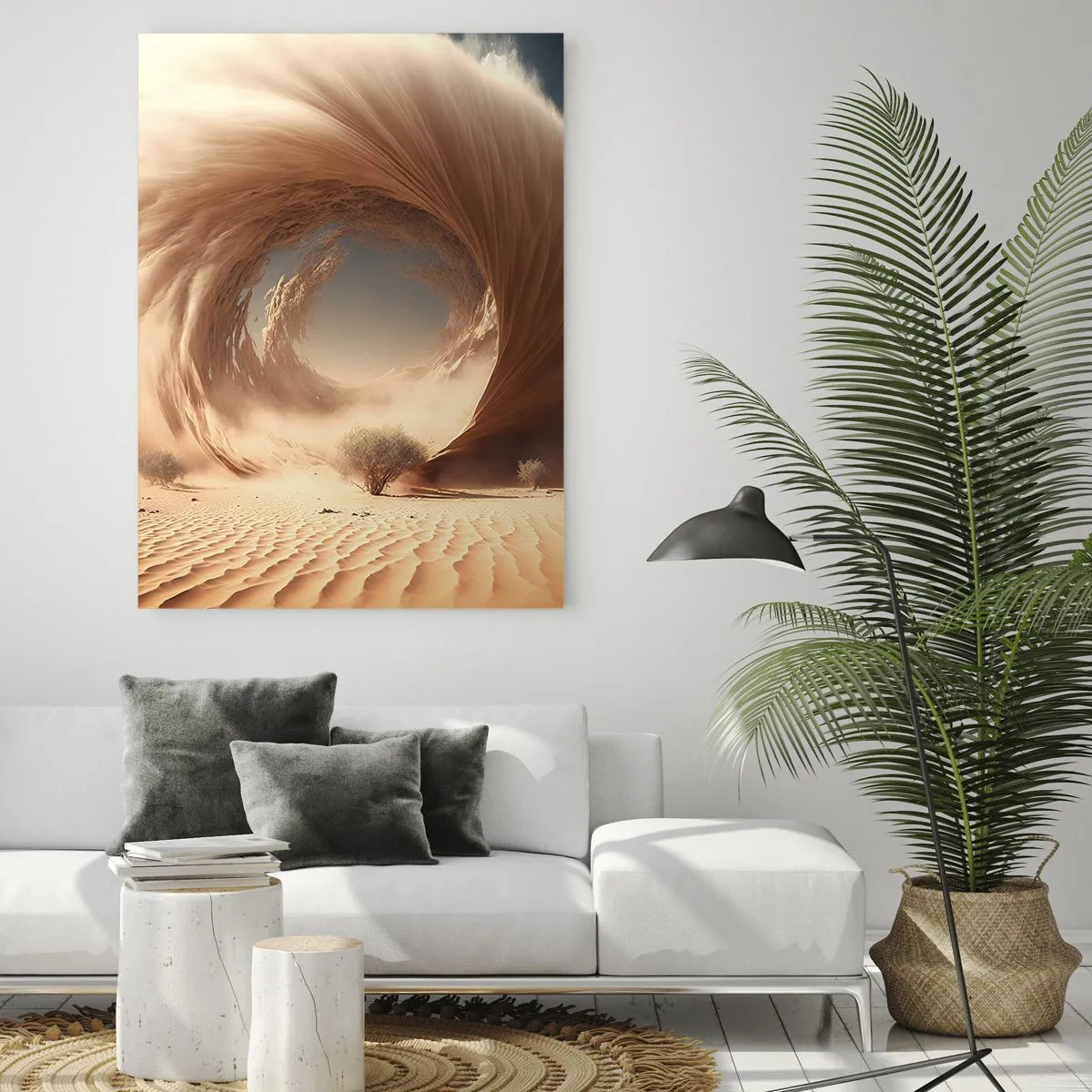 Quadro su vetro - Vortice di sabbia dinamico in un deserto con alberi - 70x100cm - Il portale è aperto - Decorazione murale moderna per soggiorno e camera da letto ARTTOR