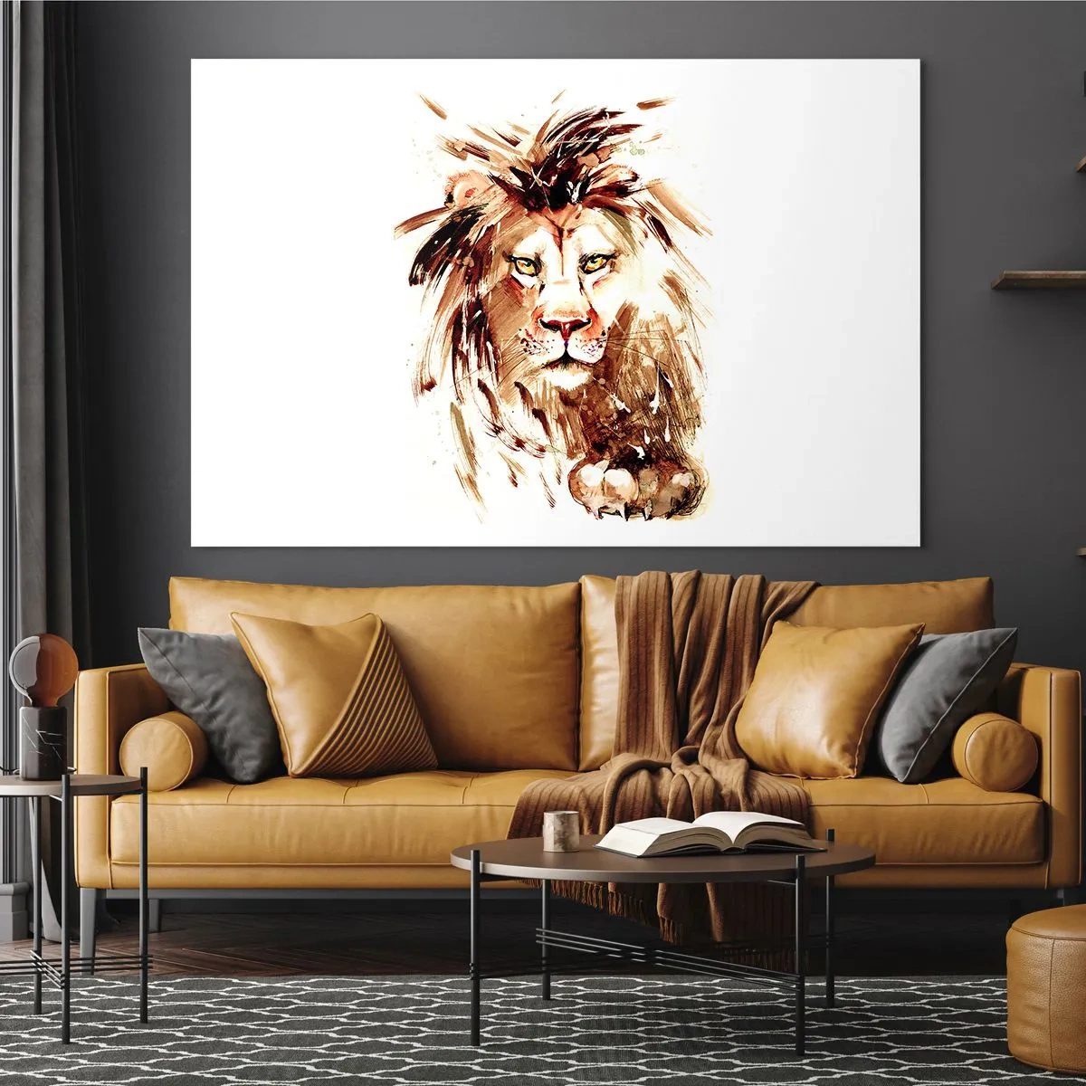 Quadro su vetro - Ritratto ad acquerello di un leone su sfondo bianco - 70x50cm - Forza e dignità - Decorazione murale moderna per soggiorno e camera da letto ARTTOR