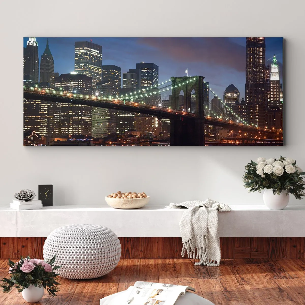 Quadro su tela - Stampe su Tela - Ponte di New York City di notte con edifici illuminati - 120x50cm - Notte illuminata - Decorazione murale moderna per soggiorno e camera da letto ARTTOR