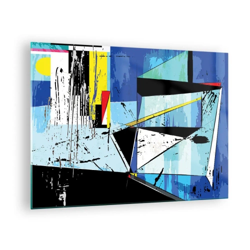 Quadro su vetro - Composizione geometrica astratta nei toni del blu - 70x50cm - Guardando il mondo da un'angolazione... - Decorazione murale moderna per soggiorno e camera da letto ARTTOR