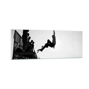 Quadro su vetro - Scena di skateboard in bianco e nero su una rampa - 140x50cm - Protagonisti e spettatori - Decorazione murale moderna per soggiorno e camera da letto ARTTOR