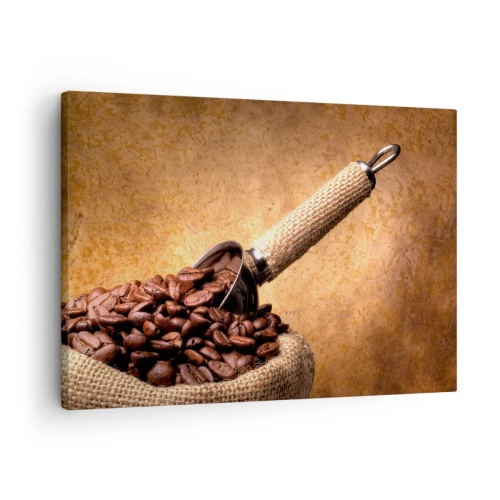 Quadro su tela - Stampe su Tela - Chicchi di caffè in un sacchetto di iuta con un cucchiaio di metallo - 70x50cm - Alla fonte del gusto - Decorazione murale moderna per soggiorno e camera da letto ARTTOR