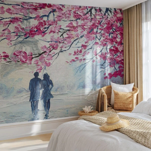 Fotomurali Premium Canvas - Una coppia sotto alberi rosa in fiore in un ambiente romantico - 100x70cm - Passeggiata romantica - Decorazione murale moderna per soggiorno e camera da letto ARTTOR