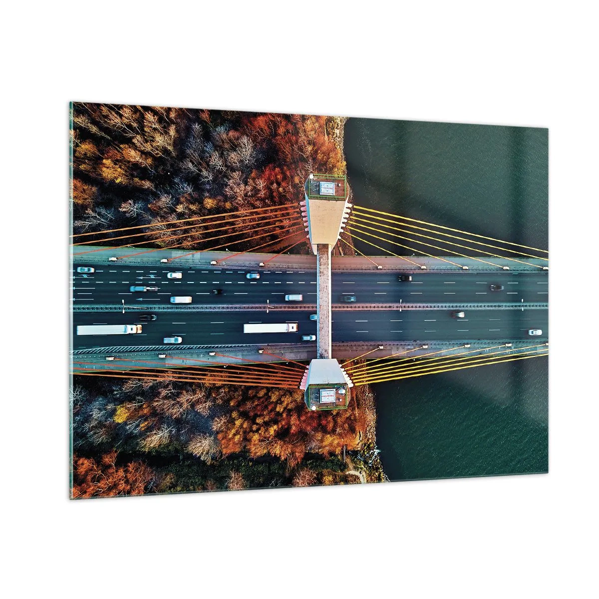Quadro su vetro - Vista aerea del ponte con disposizione simmetrica di cavi e vagoni - 100x70cm - Oltre il fiume, oltre il bosco - Decorazione murale moderna per soggiorno e camera da letto ARTTOR