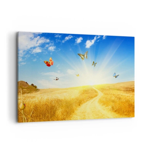 Quadro su tela - Stampe su Tela - Un campo dorato, un sentiero e farfalle contro un cielo azzurro - 100x70cm - Come non amare l'estate? - Decorazione murale moderna per soggiorno e camera da letto ARTTOR
