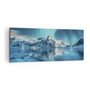 Quadro su tela - Stampe su Tela - Aurora boreale su montagne innevate e un lago - 120x50cm - Notte di luce - Decorazione murale moderna per soggiorno e camera da letto ARTTOR