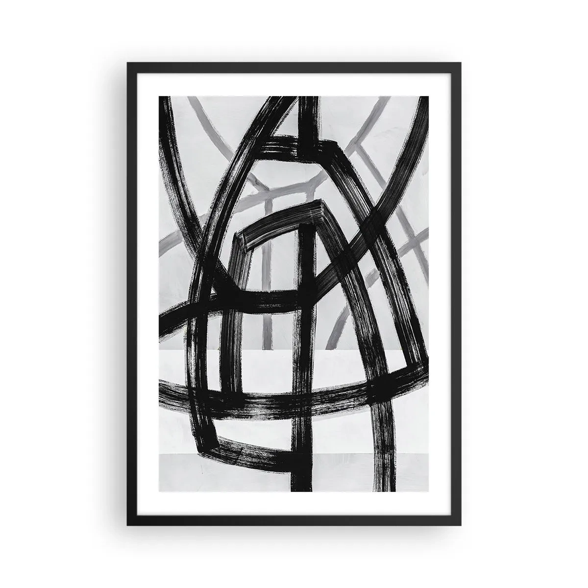 Poster in cornice nera - Linee geometriche nere su uno sfondo chiaro in una composizione astratta - 50x70cm - Costruendo la profondità - Decorazione murale moderna per soggiorno e camera da letto ARTTOR