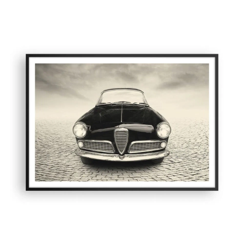 Poster in cornice nera - Un'auto d'epoca su una piazza di ciottoli in stile monocromatico - 100x70cm - Come non amarmi? - Decorazione murale moderna per soggiorno e camera da letto ARTTOR