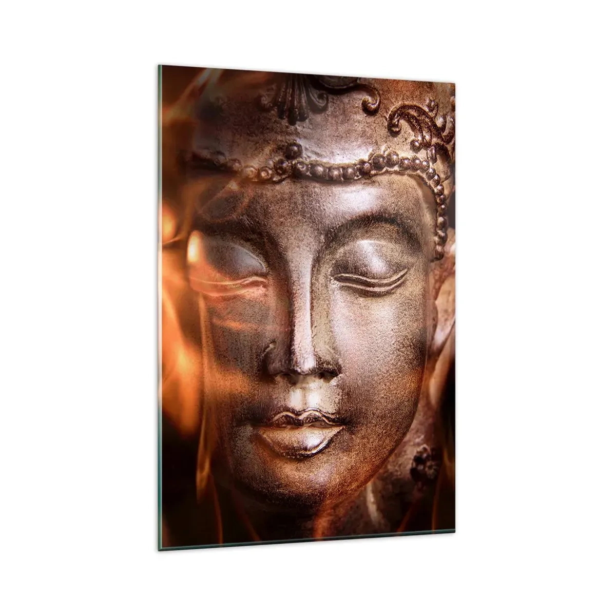 Quadro su vetro - Una statua del Buddha tra fiamme dai riflessi dorati - 80x120cm - Esiste solo qui e ora - Decorazione murale moderna per soggiorno e camera da letto ARTTOR