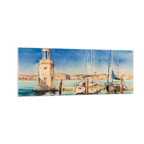 Quadro su vetro - Marina con barche sullo sfondo di una laguna blu - 140x50cm - La laguna assolata - Decorazione murale moderna per soggiorno e camera da letto ARTTOR