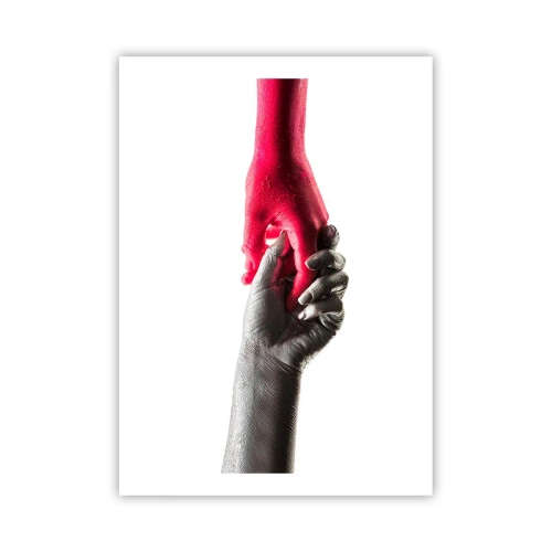 Poster - Mani simboliche in rosso e argento su sfondo bianco - 50x70cm - Insieme, sebbene diversi - Decorazione murale moderna per soggiorno e camera da letto ARTTOR