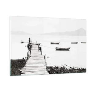 Quadro su vetro - Vista in bianco e nero di un molo di legno su un lago - 120x80cm - Sull'acqua silenziosa e pura - Decorazione murale moderna per soggiorno e camera da letto ARTTOR