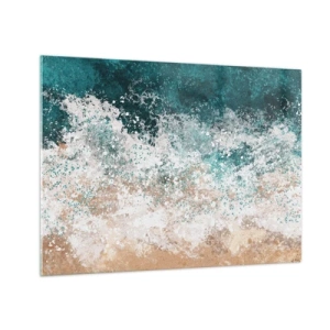 Quadro su vetro - Onda marina astratta nei toni del turchese, bianco e beige sabbia - 70x50cm - Storie di mare - Decorazione murale moderna per soggiorno e camera da letto ARTTOR
