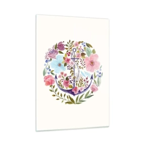 Quadro su vetro - Un'ancora circondata da fiori colorati ad acquerello - 50x70cm - Il bel sogno del marinaio - Decorazione murale moderna per soggiorno e camera da letto ARTTOR