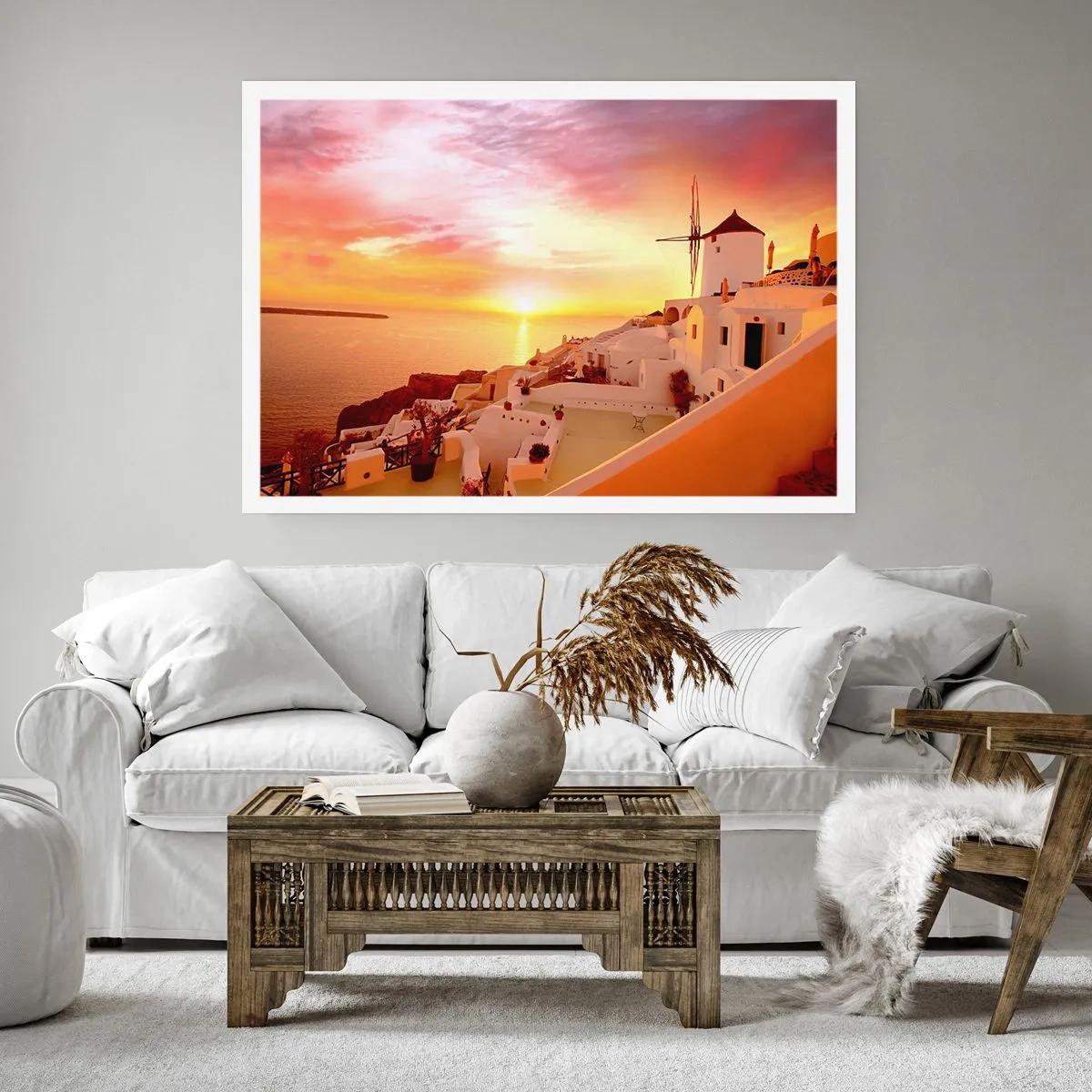 Poster - Santorini al tramonto con un mulino a vento - 100x70cm - Sciogliersi nel bianco e nell'oro - Decorazione murale moderna per soggiorno e camera da letto ARTTOR